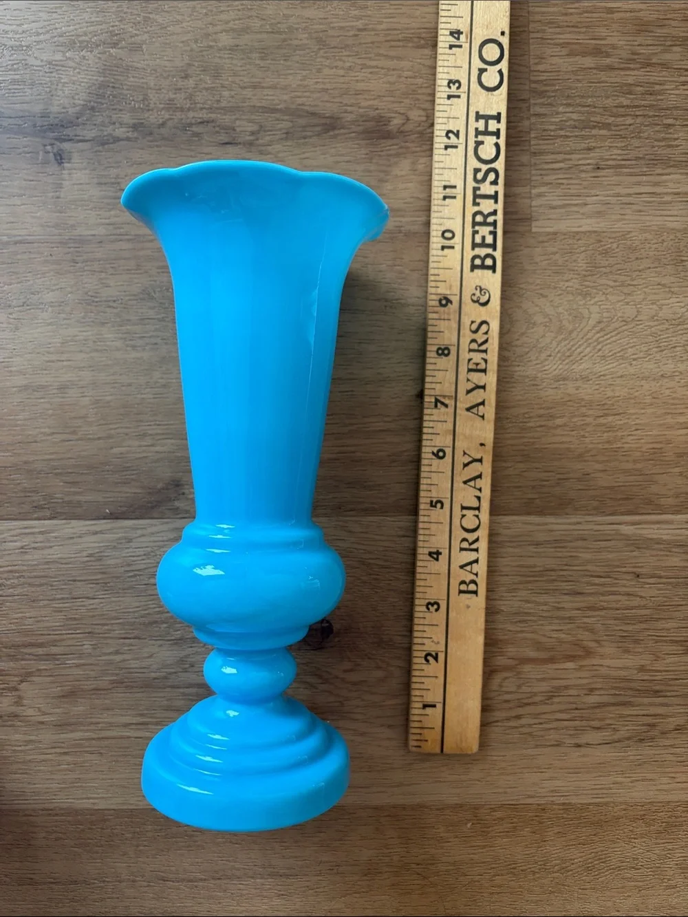 Vintage Hand-Finished Blue Opaline Milk Glass Pedestal Bud Vase Scalloped Rim